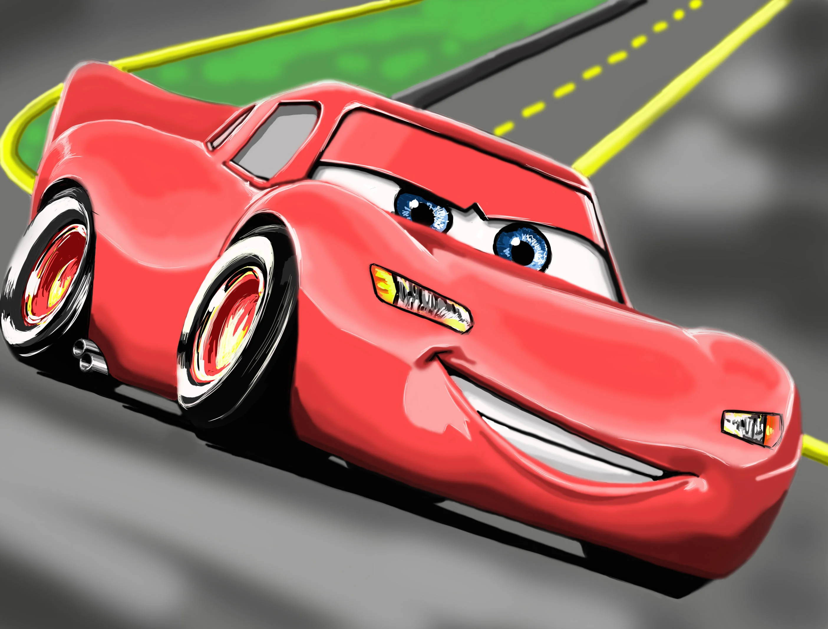 Xe đua đỏ McQueen hoạt hình cười tươi trên đường đua, hình nền powerpoint cho trẻ em