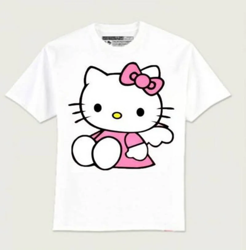 Hình nền cute nữ với Hello Kitty đeo nơ hồng trên áo thun trắng