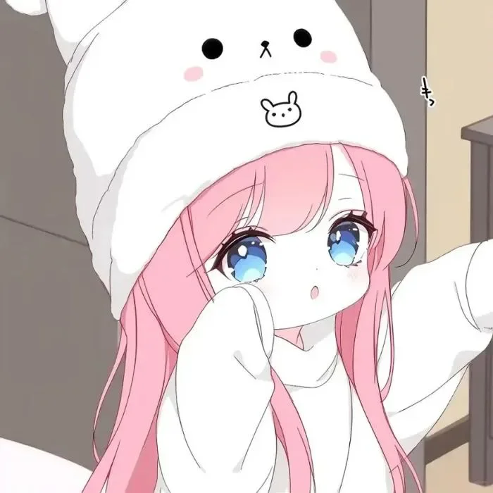 Hình nền cute nữ anime tóc hồng đội mũ thỏ trắng