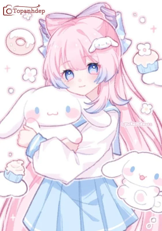 Hình nền cute nữ anime tóc hồng tai mèo ôm gấu bông