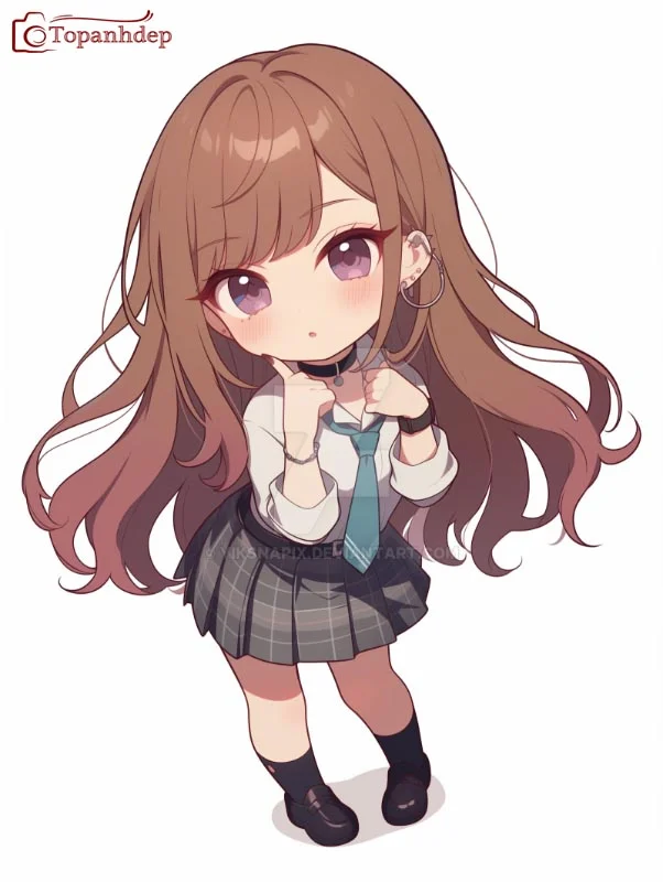 Hình nền cute nữ chibi nữ sinh tóc nâu mặc đồng phục