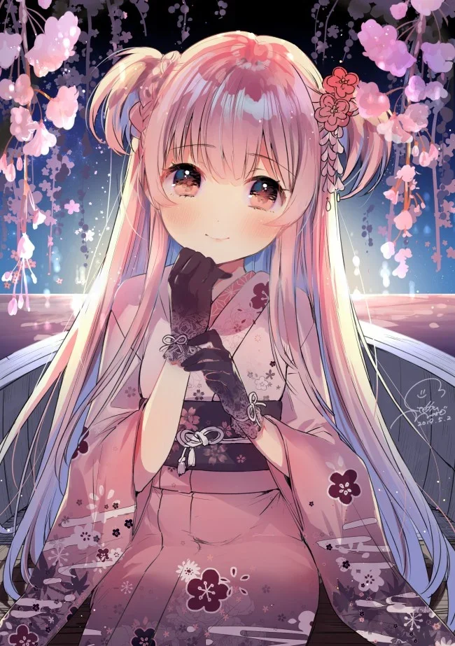 Hình nền cute nữ anime cô gái tóc tím giữa vườn hoa