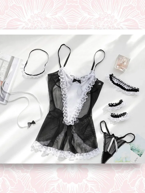 bộ đồ cosplay hầu gái nội y đen ren trắng phụ kiện headband