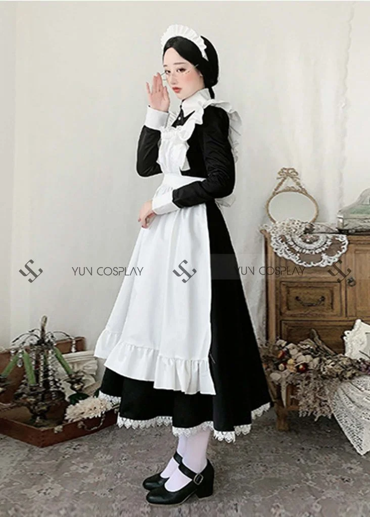 cosplay hầu gái đứng phòng vintage váy dài tay đen tạp dề trắng