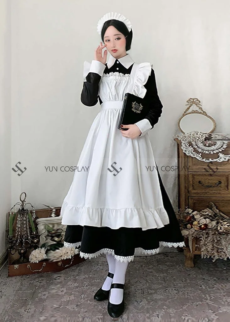 cosplay hầu gái phong cách cổ điển váy đen dài tạp dề trắng